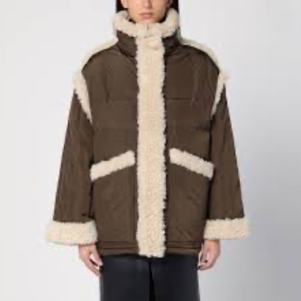 Stand Studio Dorothy Deep Green and Cream Teddy Jacket